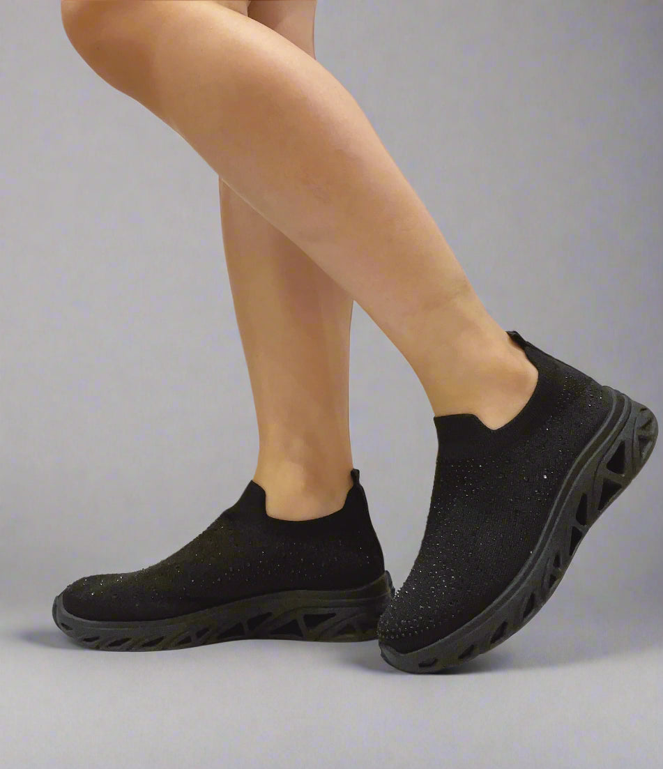 Black Diamante Comfortable Slip On Trainers