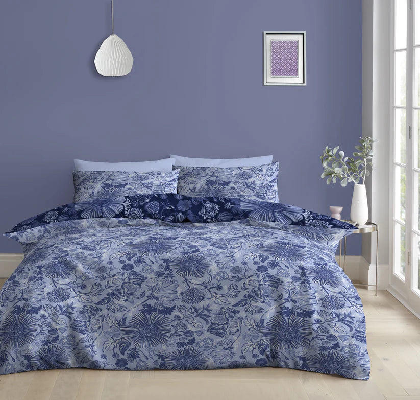 Elegant Blue Floral Reversible King Size Duvet Cover Set