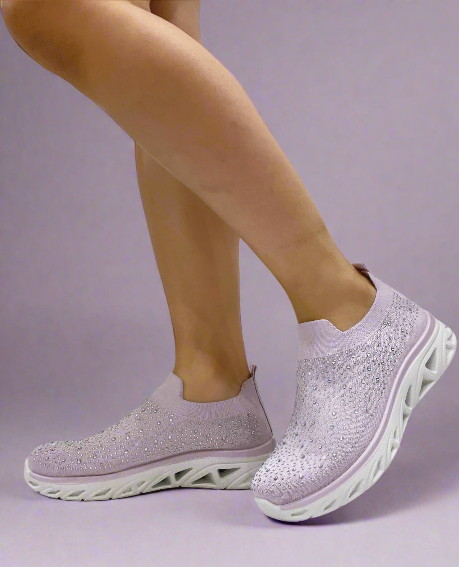 Lilac Diamante Comfortable Slip On Trainers