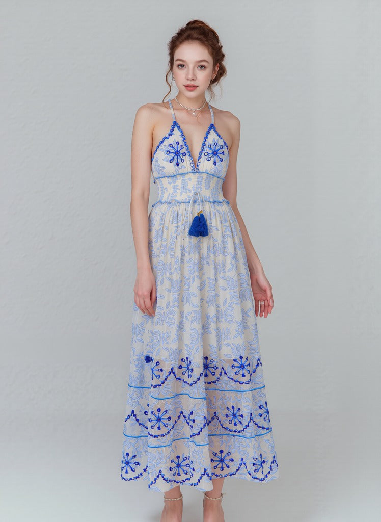 Women's Elegant Bohemian Halter Neck Maxi Dress with Blue Floral Embro –