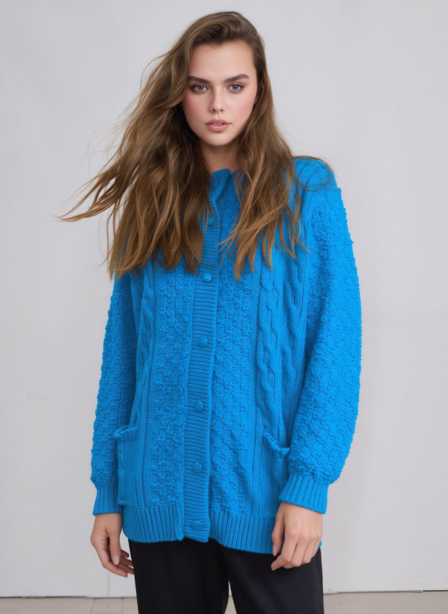 Woman wearing bright blue textured knit cardigan with button closure and pockets