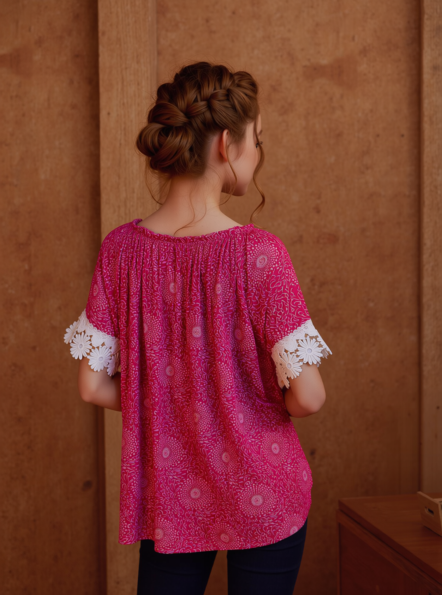 Fuchsia Printed Lace Detail Top