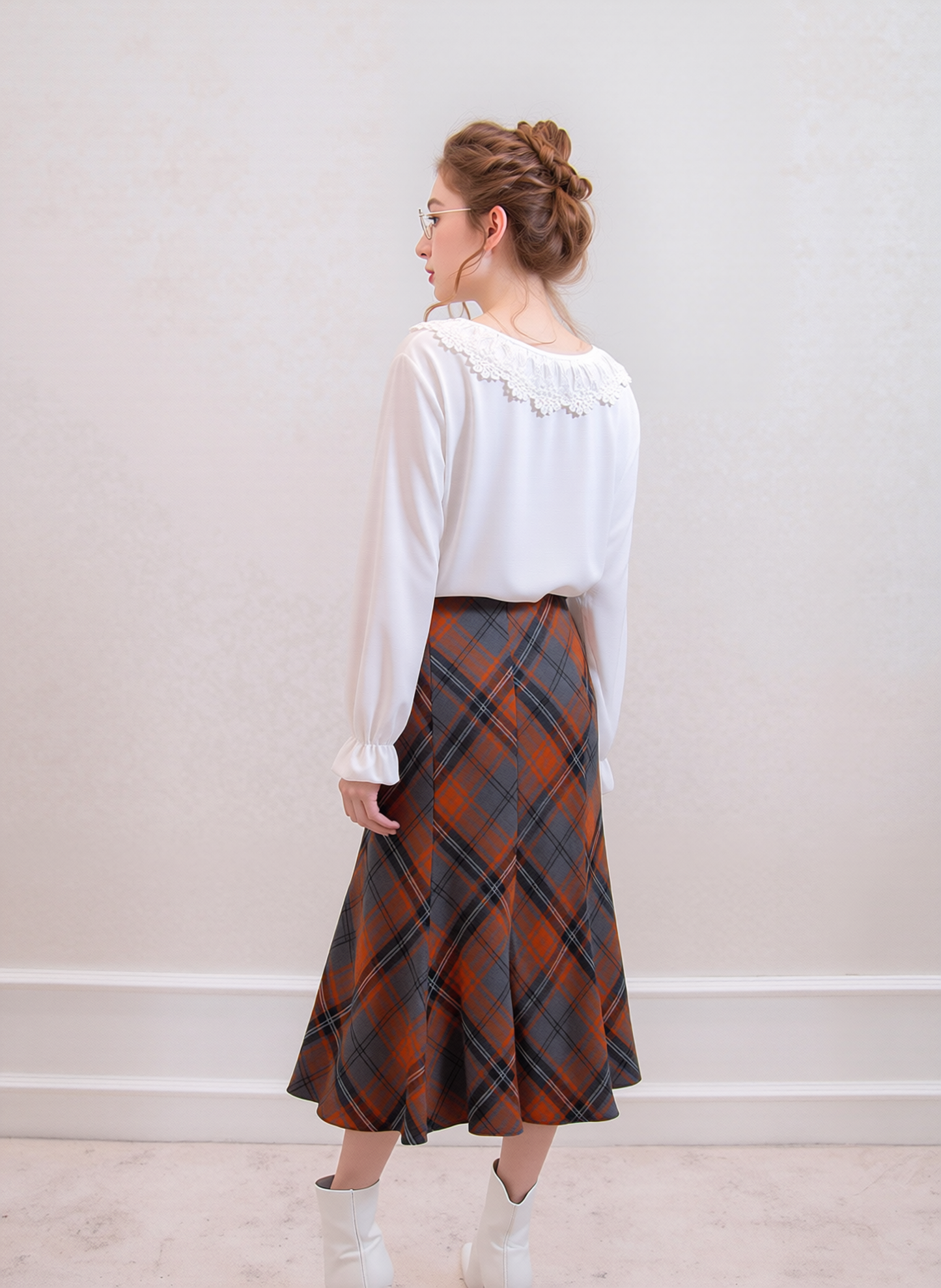 Grey & Orange Elasticated Lined A-Line Checked Tartan Skirt