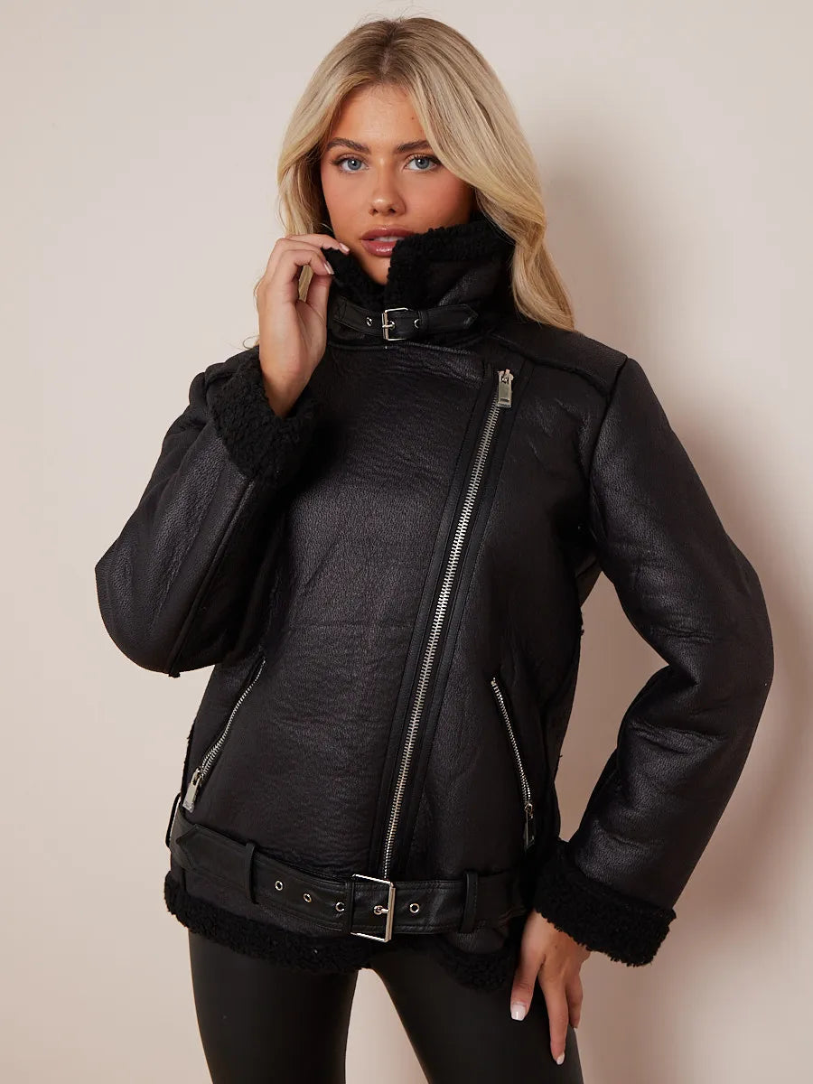 Black Faux Leather Lined Belted Aviator Jacket