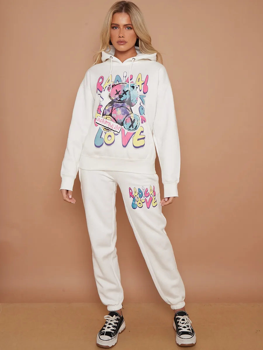 Cream Teddy Bear Oversized Hoodie & Jogger Graphic Loungewear Co-ord