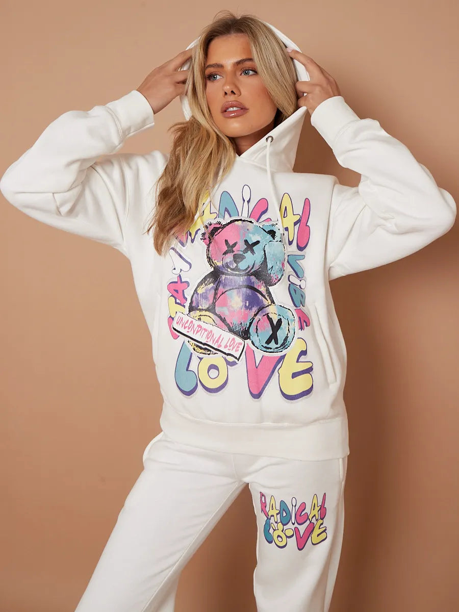 Cream Teddy Bear Oversized Hoodie & Jogger Graphic Loungewear Co-ord
