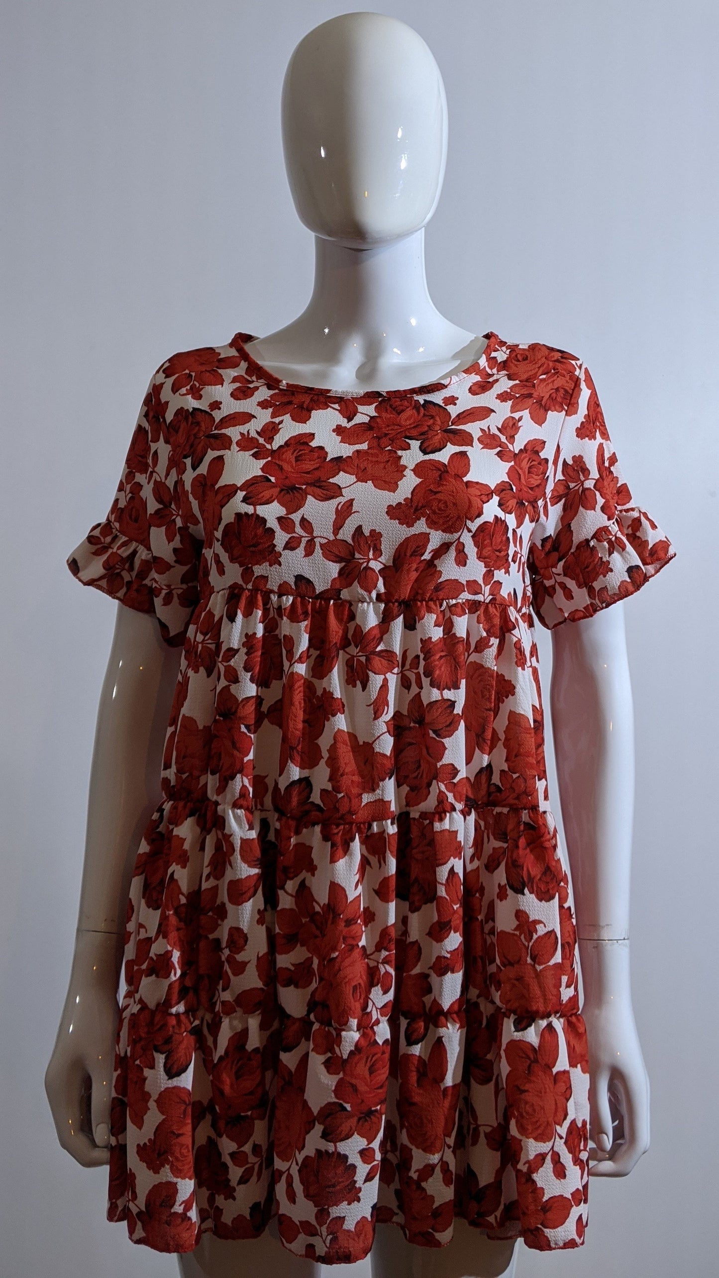 Red Floral Print Tiered Smock Dress