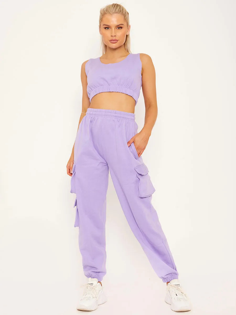 Lilac Purple Fleeced Crop Top Cargo Joggers Set