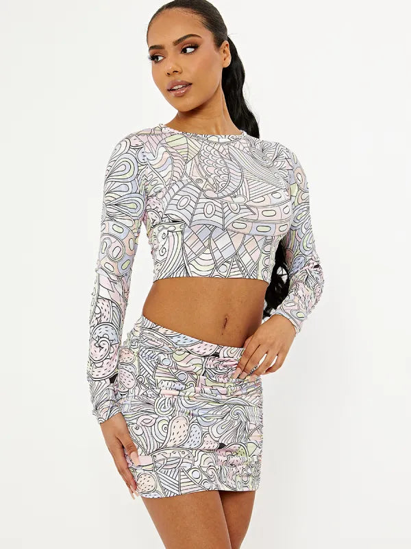 Pastal Printed Slinky Crop Top & Rouched Skirt Co - Ord Set