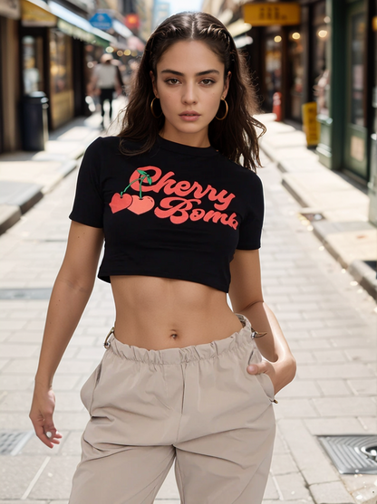 Black Cherry Bomb Graphic Printed Crop Top