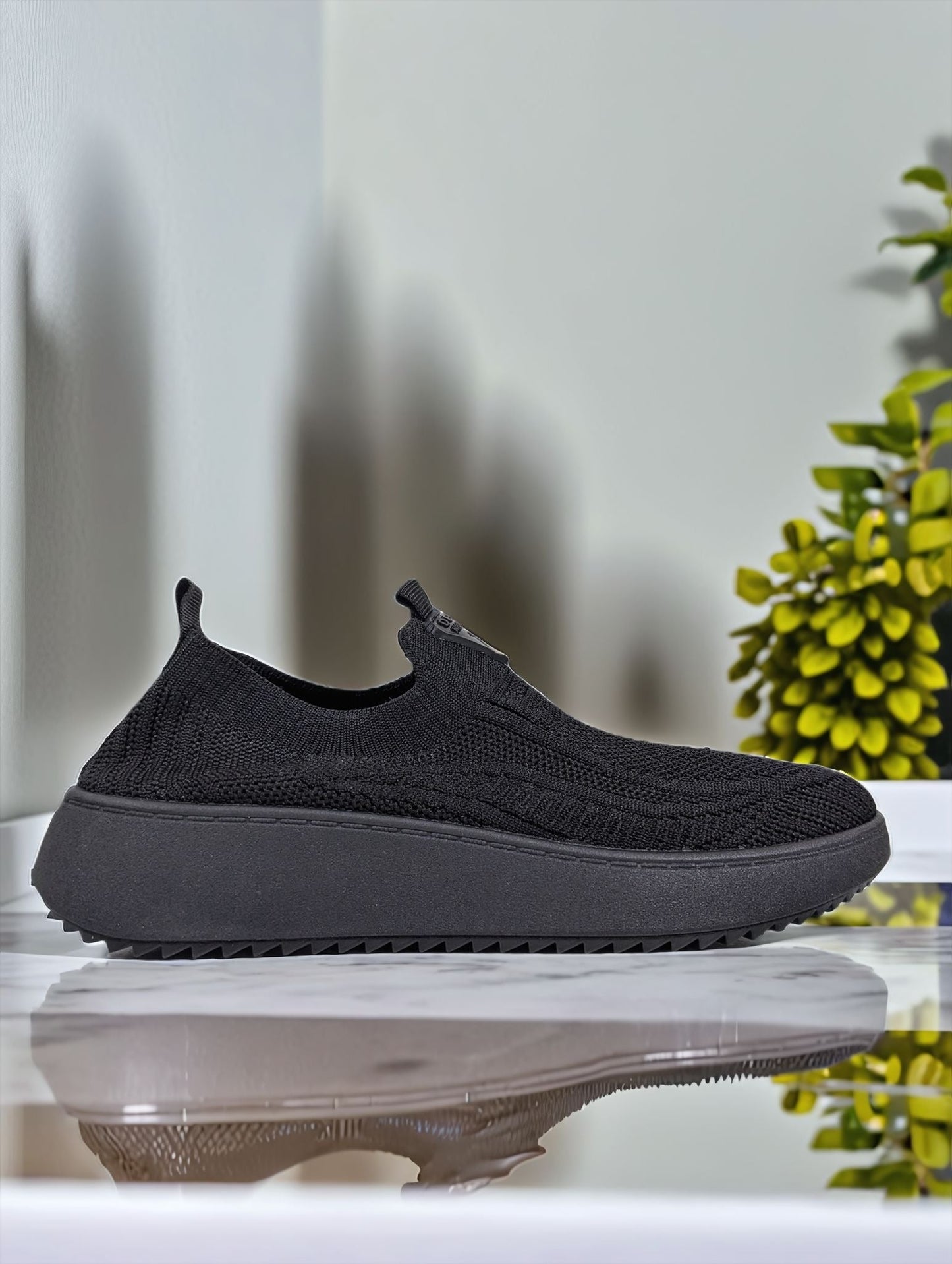 Black Comfortable Slip On Knit Trainers
