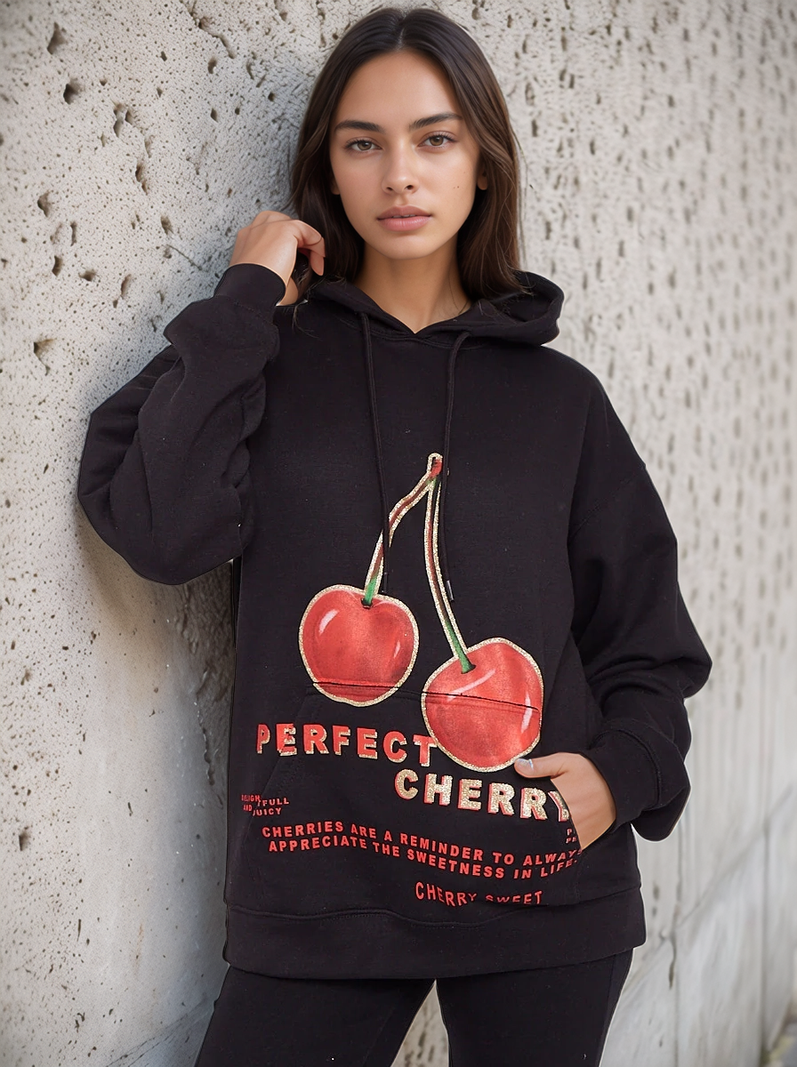 Black Perfect Cherry Graphic Print Hoodie
