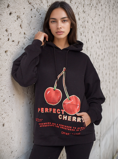 Black Perfect Cherry Graphic Print Hoodie