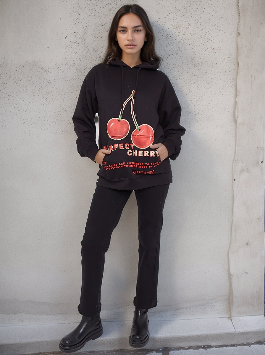 Black Perfect Cherry Graphic Print Hoodie