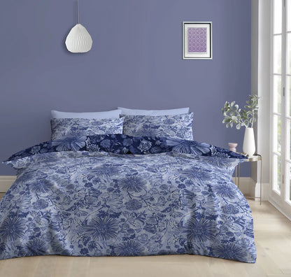 Elegant Blue Floral Reversible King Size Duvet Cover Set