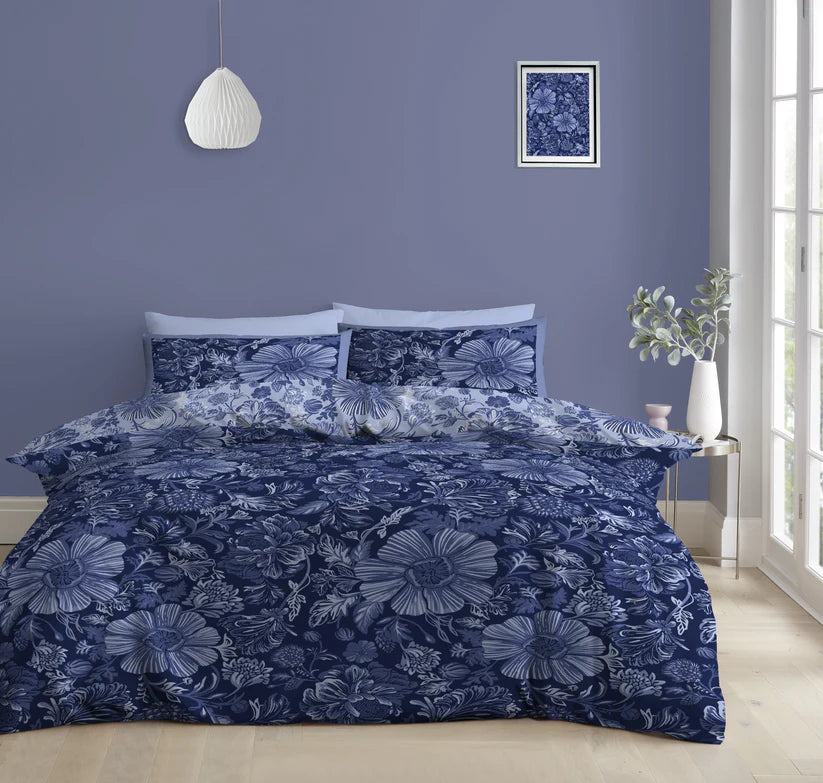 Elegant Blue Floral Reversible King Size Duvet Cover Set