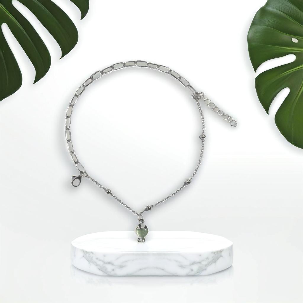Silver Green Round Charm Link Bracelet