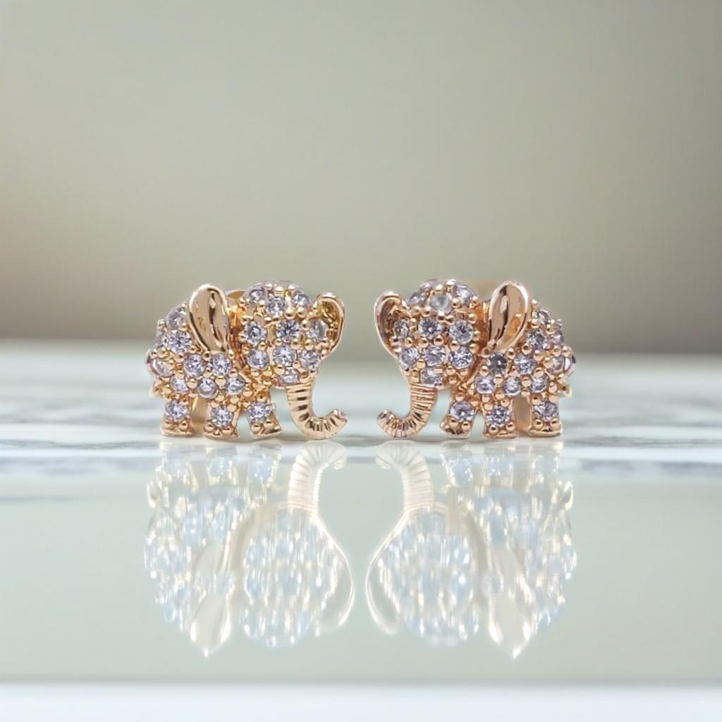 Gold Diamond Elephant Design Stud Earrings