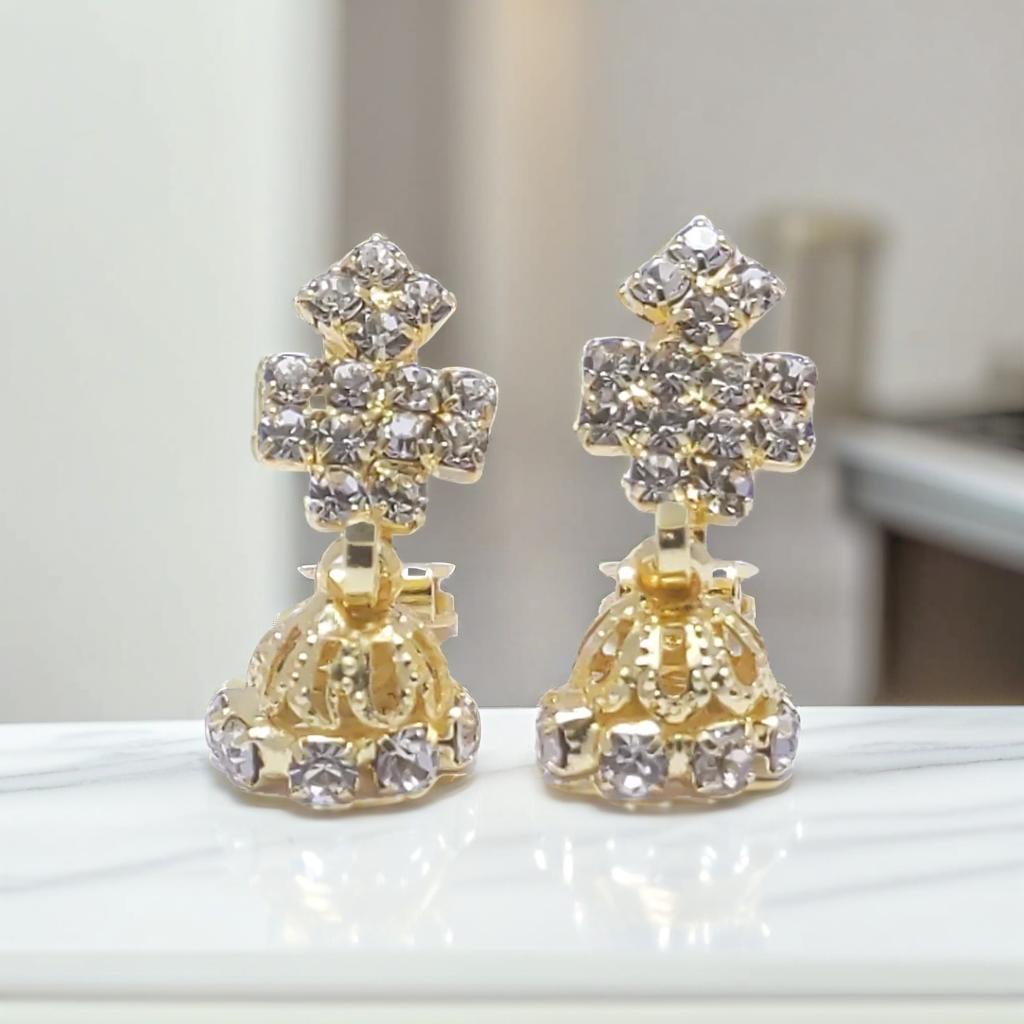 Gold Tiered Diamond Design Stud Clip On Earrings