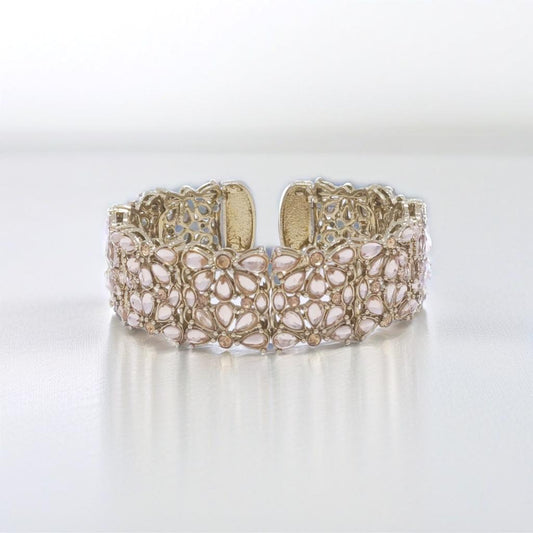 "Champagne Open  Gold Tone Bracelet with Pink Crystal Inlays