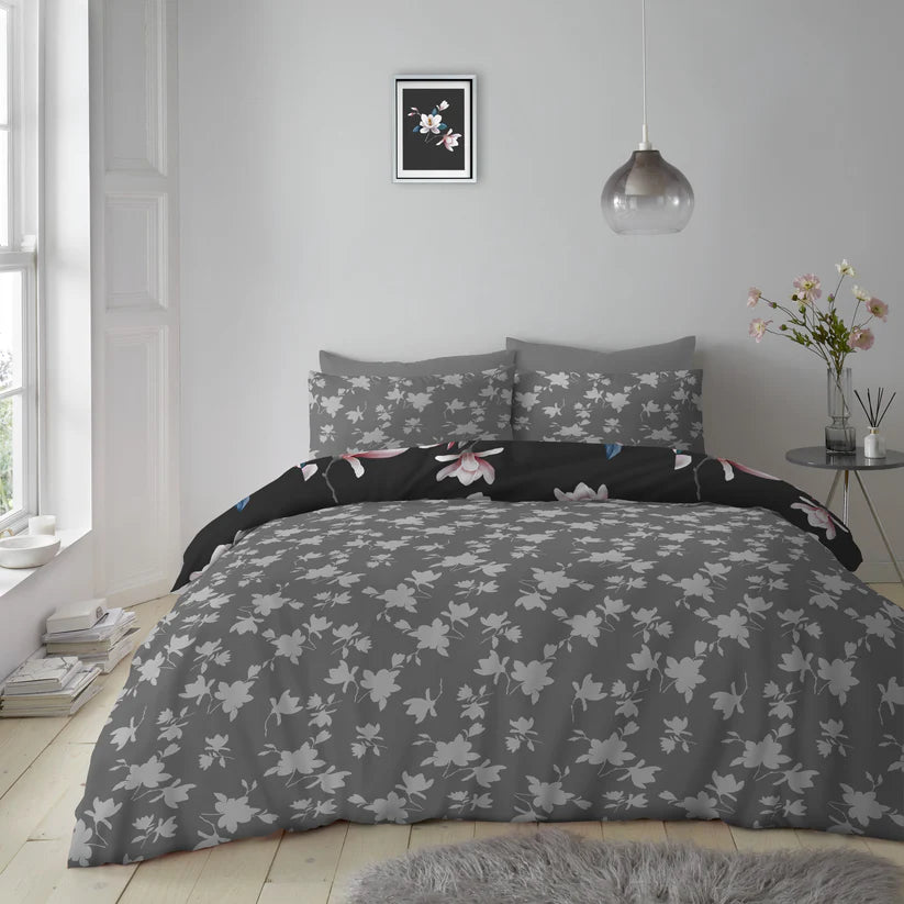 Modern Grey & Black Floral Reversible King Size Duvet Cover Set