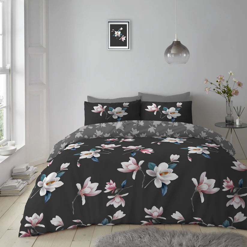 Modern Grey & Black Floral Reversible King Size Duvet Cover Set