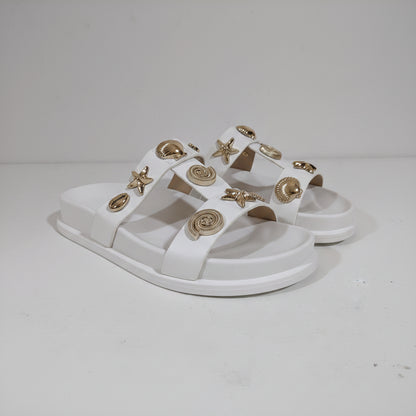 Women's White Double Strap Platform Slides with Gold Buckle Detail - Comfortable Summer Sandals