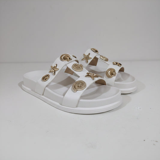 Women's White Double Strap Platform Slides with Gold Buckle Detail - Comfortable Summer Sandals