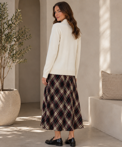 Red & Beige Check Print Midi Skirt  Flared A-Line Elastic Waist