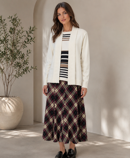 Red & Beige Check Print Midi Skirt  Flared A-Line Elastic Waist