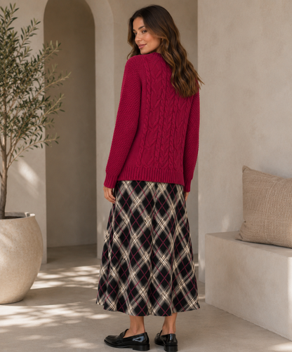 Red & Black Check Print Midi Skirt  Flared A-Line Elastic Waist