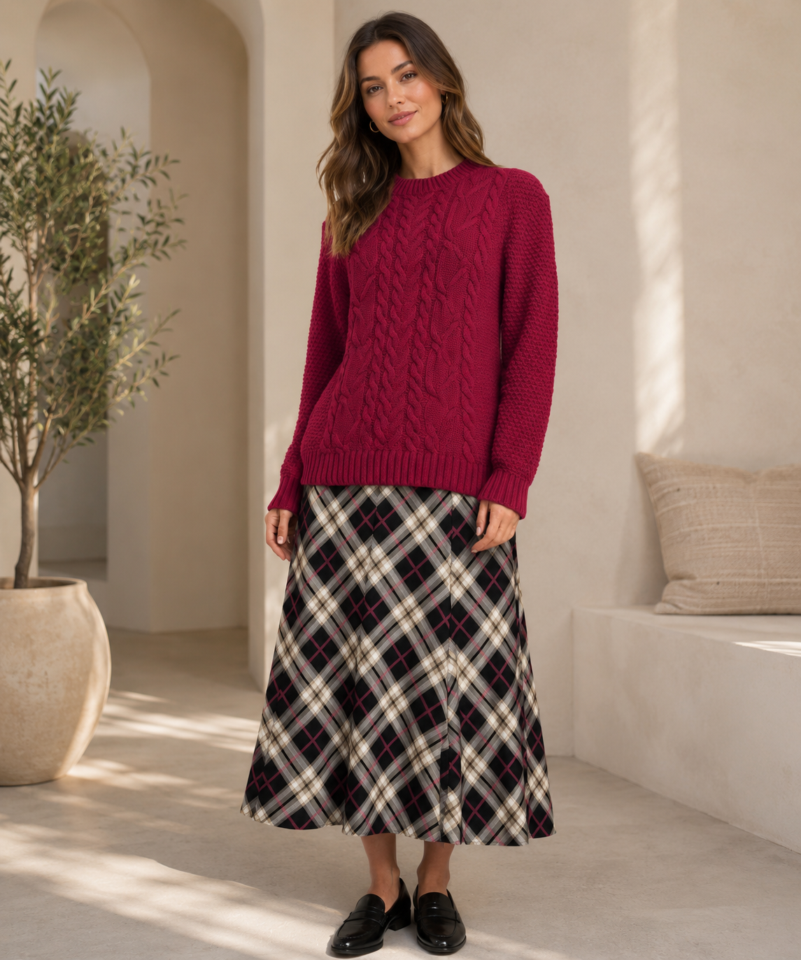 Red & Black Check Print Midi Skirt  Flared A-Line Elastic Waist