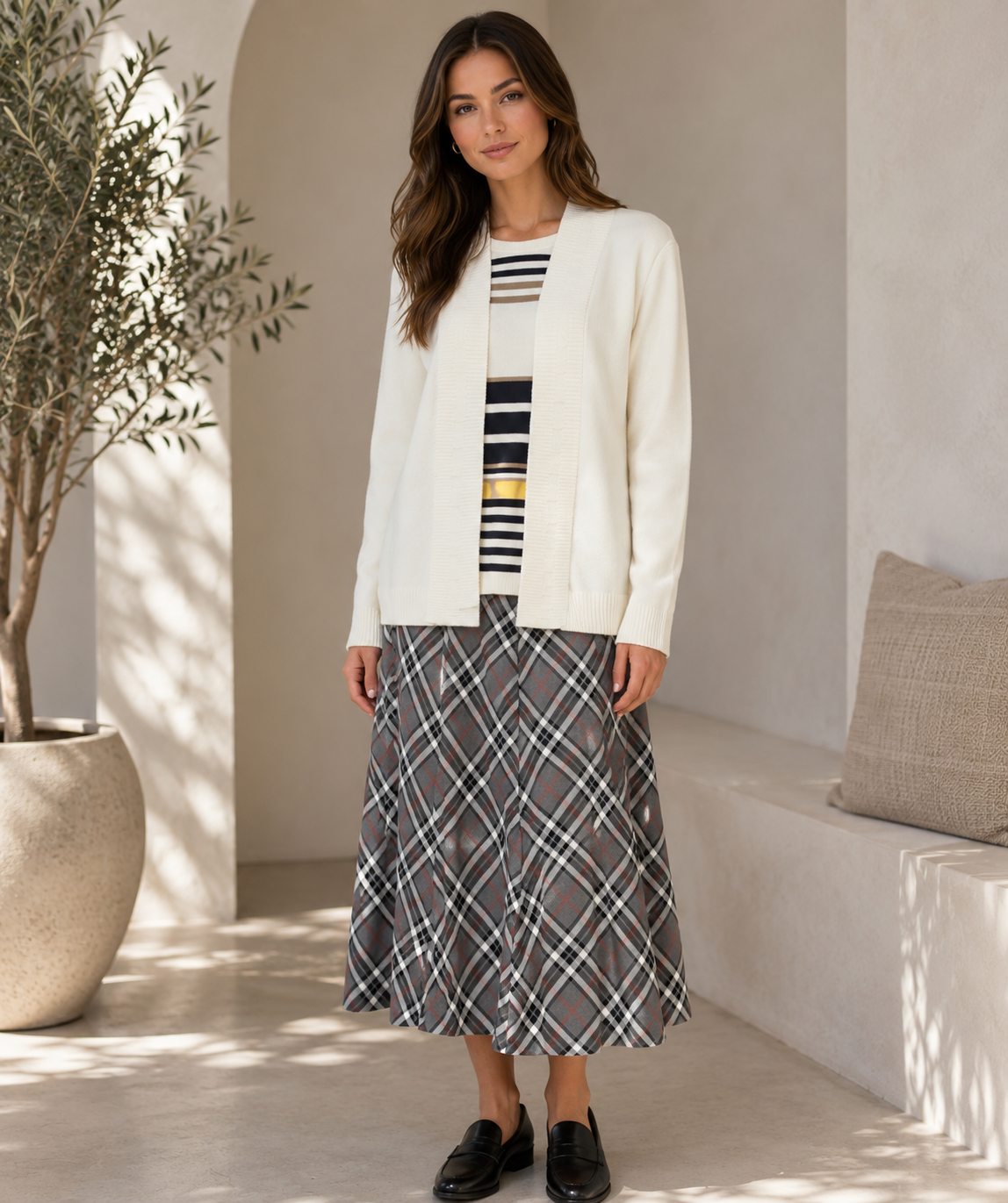Red & Grey Check Print Midi Skirt  Flared A-Line Elastic Waist