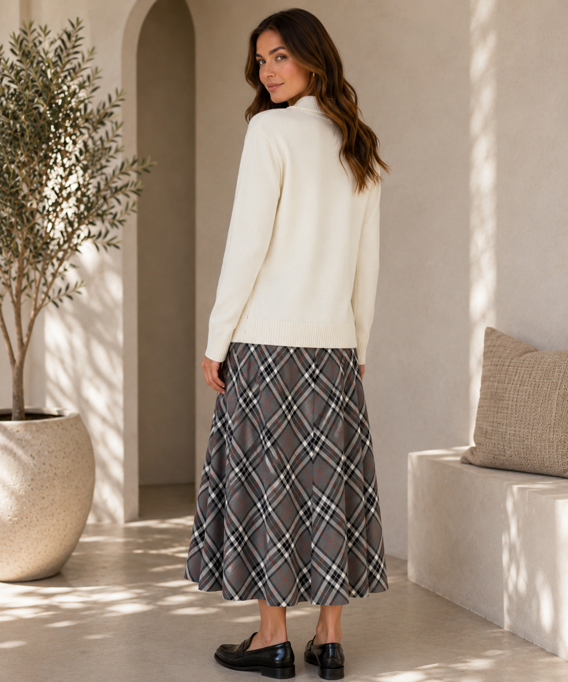 Red & Grey Check Print Midi Skirt  Flared A-Line Elastic Waist