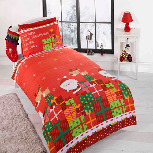 Single Size Festive Red Christmas Bedding Set - Santa & Presents