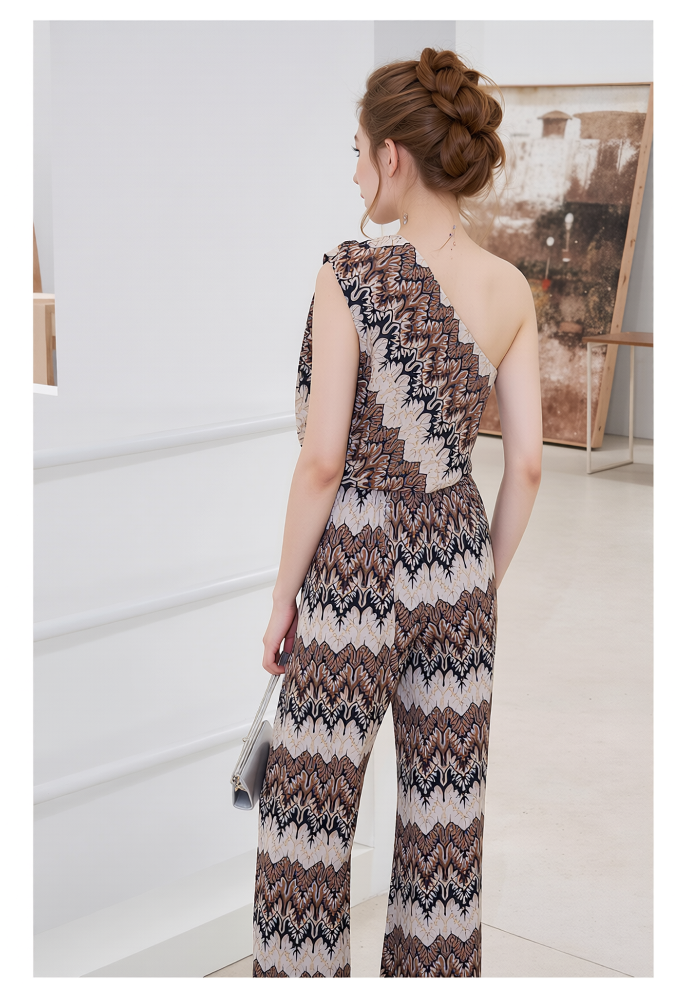 Chic One-Shoulder Chevron Two-Piece Trouser Co-ord Set for Women | Stylish Zig-Zag Pattern Top & Pants