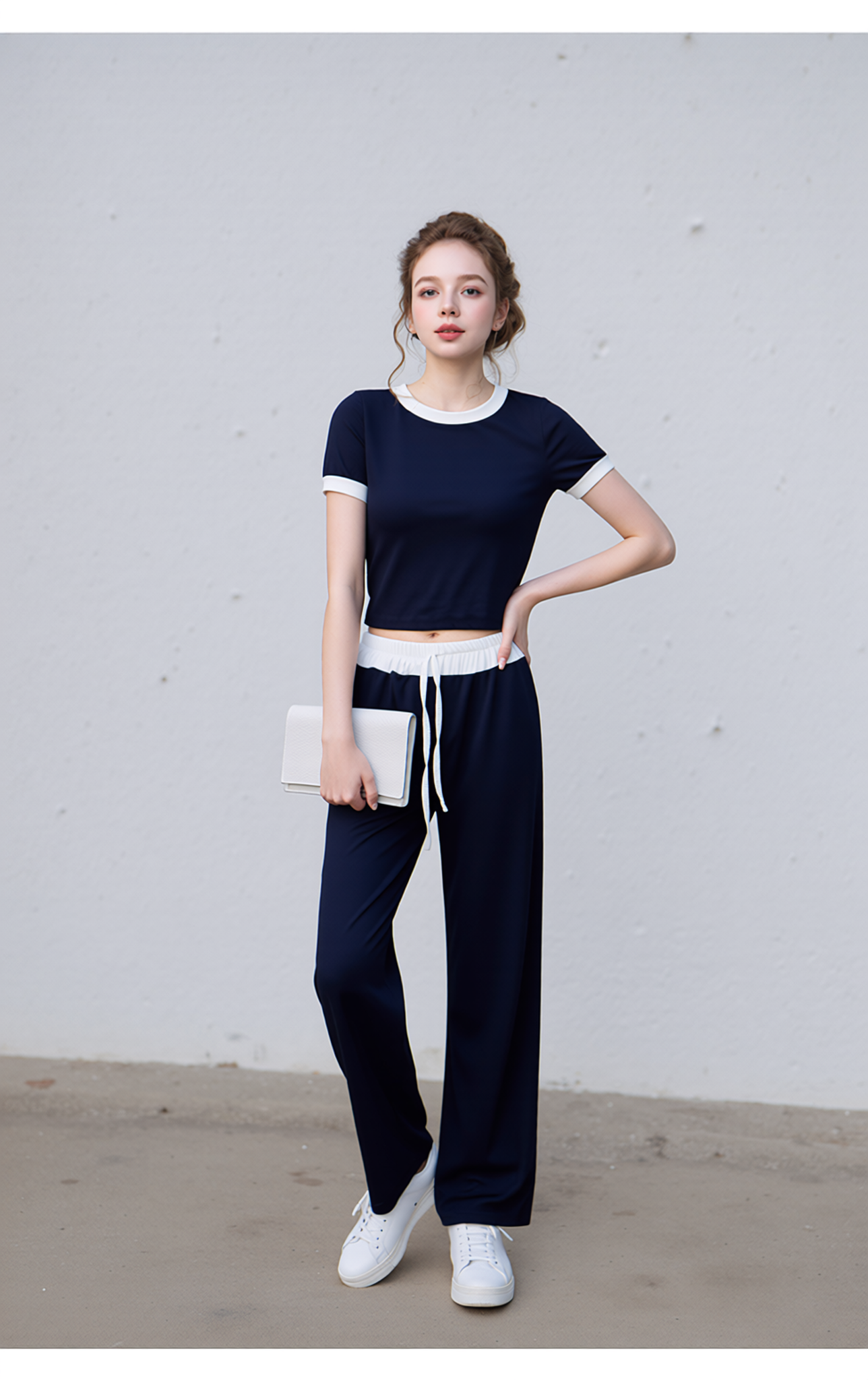 Women's Navy Knit Two-Piece Lounge Set | Short Sleeve Top & Wide Leg Tracksuit Pants for Casual Comfort & Style
