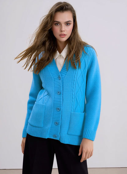 Turquoise V-Neck Pocket Cardigan - Turquoise - front
