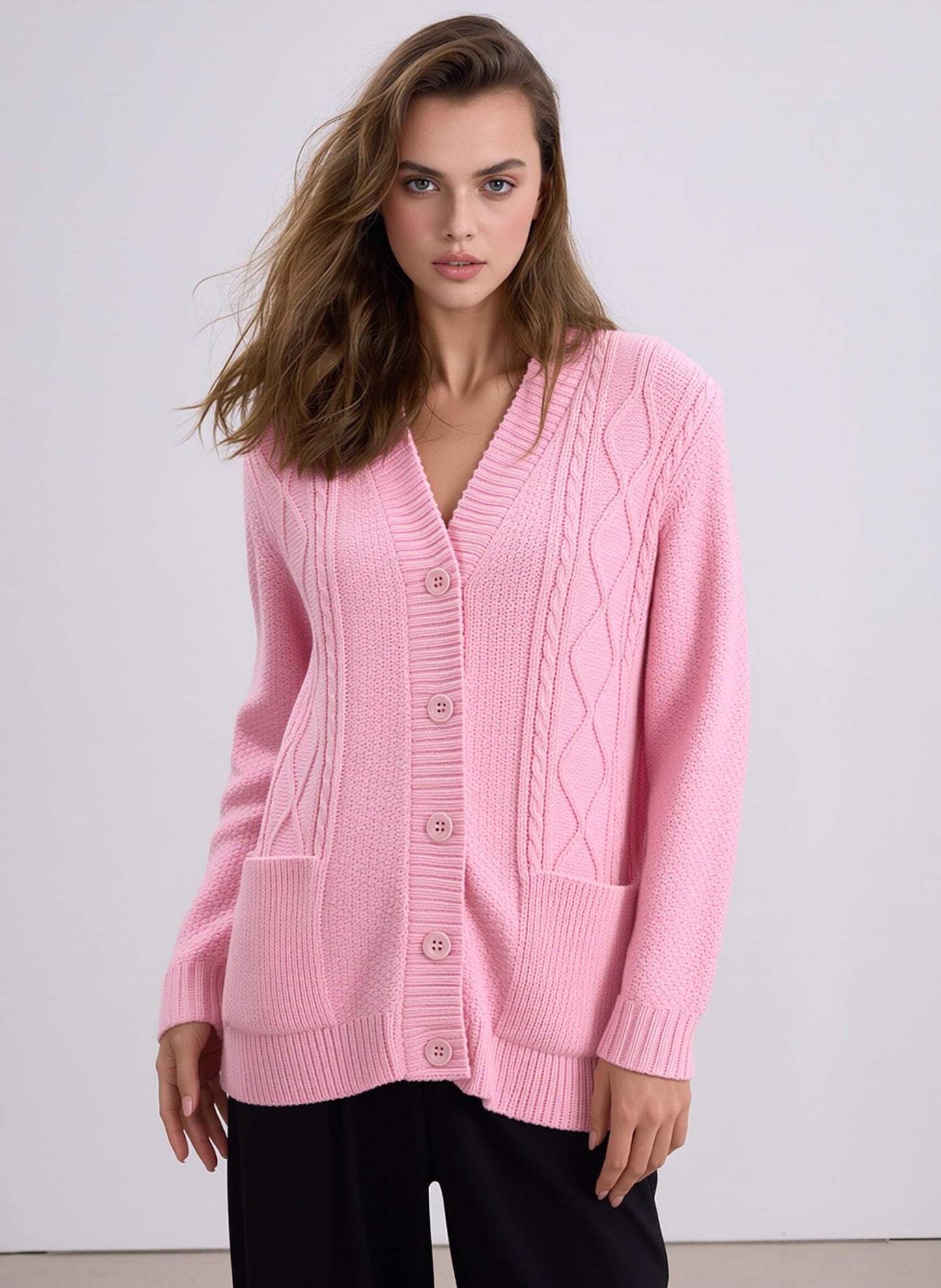 Pink V-Neck Pocket Cardigan