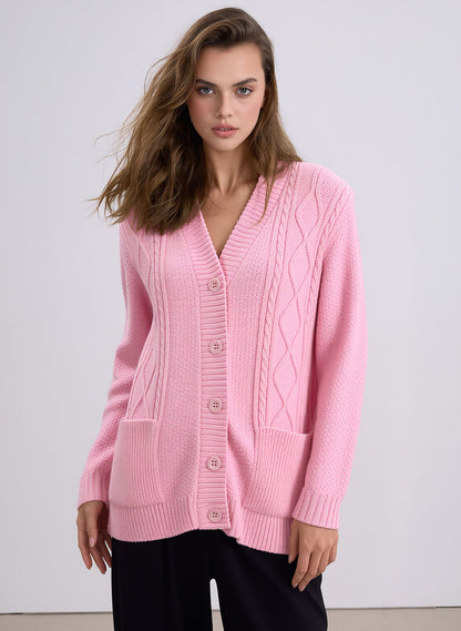 Pink V-Neck Pocket Cardigan