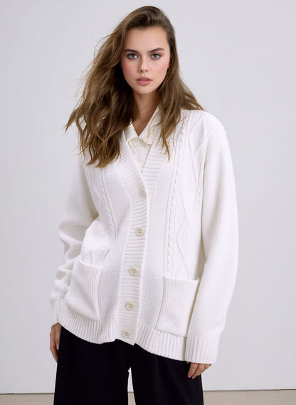White V-Neck Pocket Cardigan