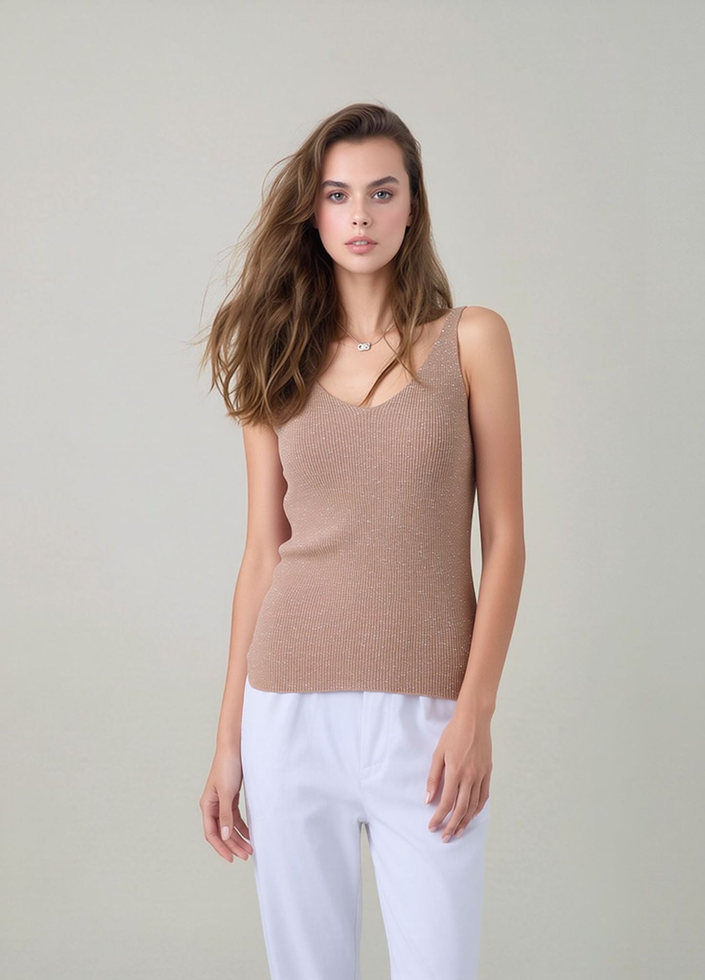 Beige Glitter Knit Vest Top