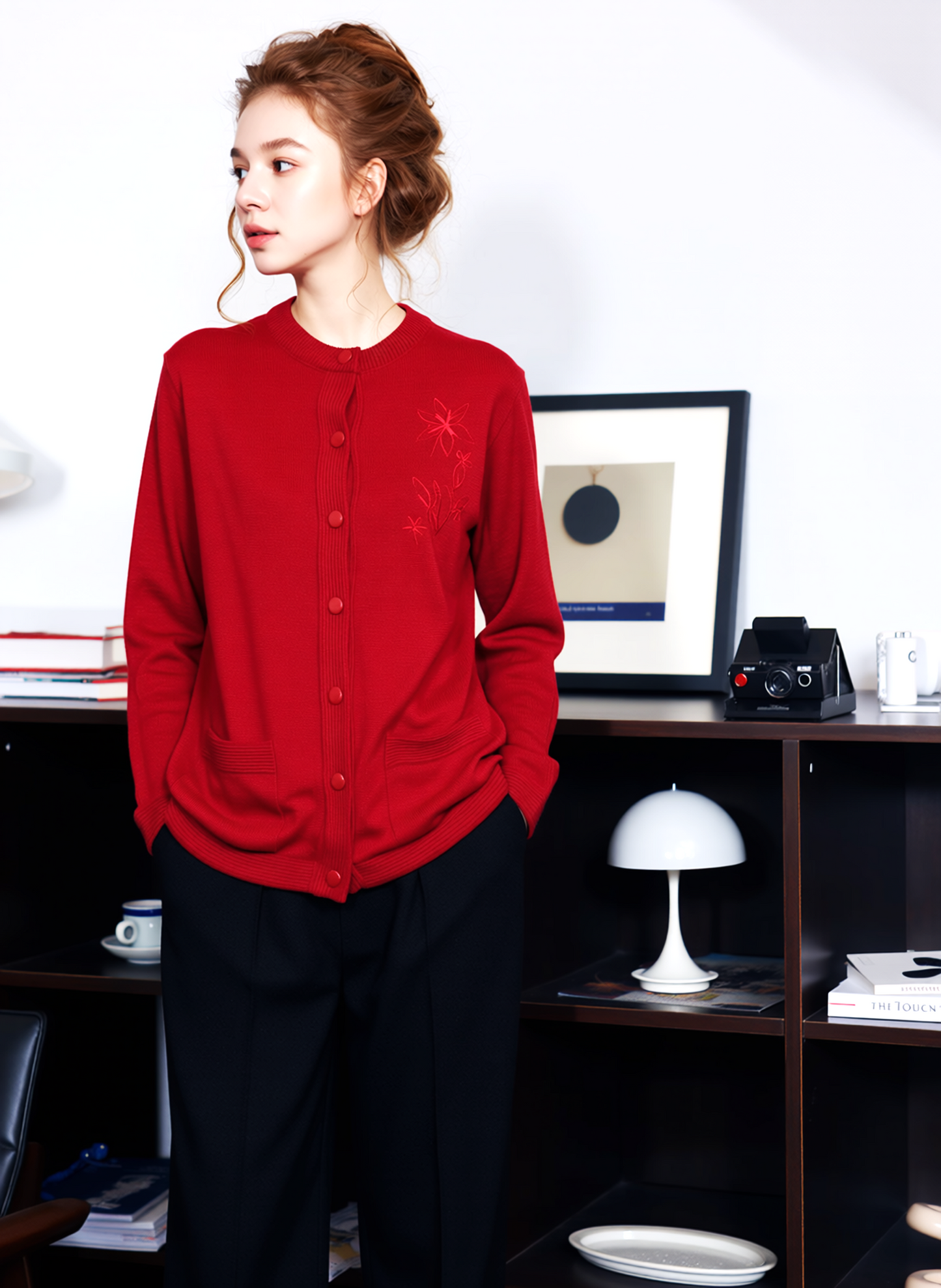 Red Round Neck Button Cardigan