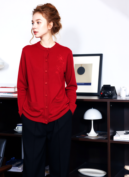 Red Round Neck Button Cardigan