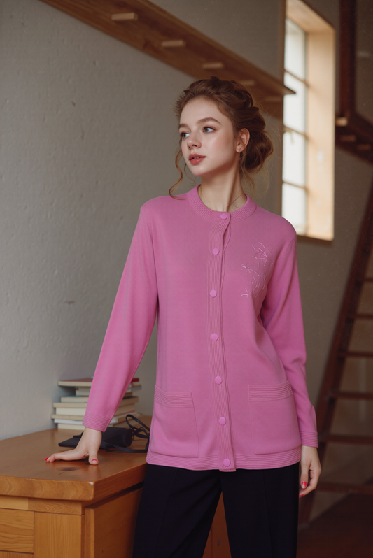 Pink Round Neck Button Pocket Cardigan