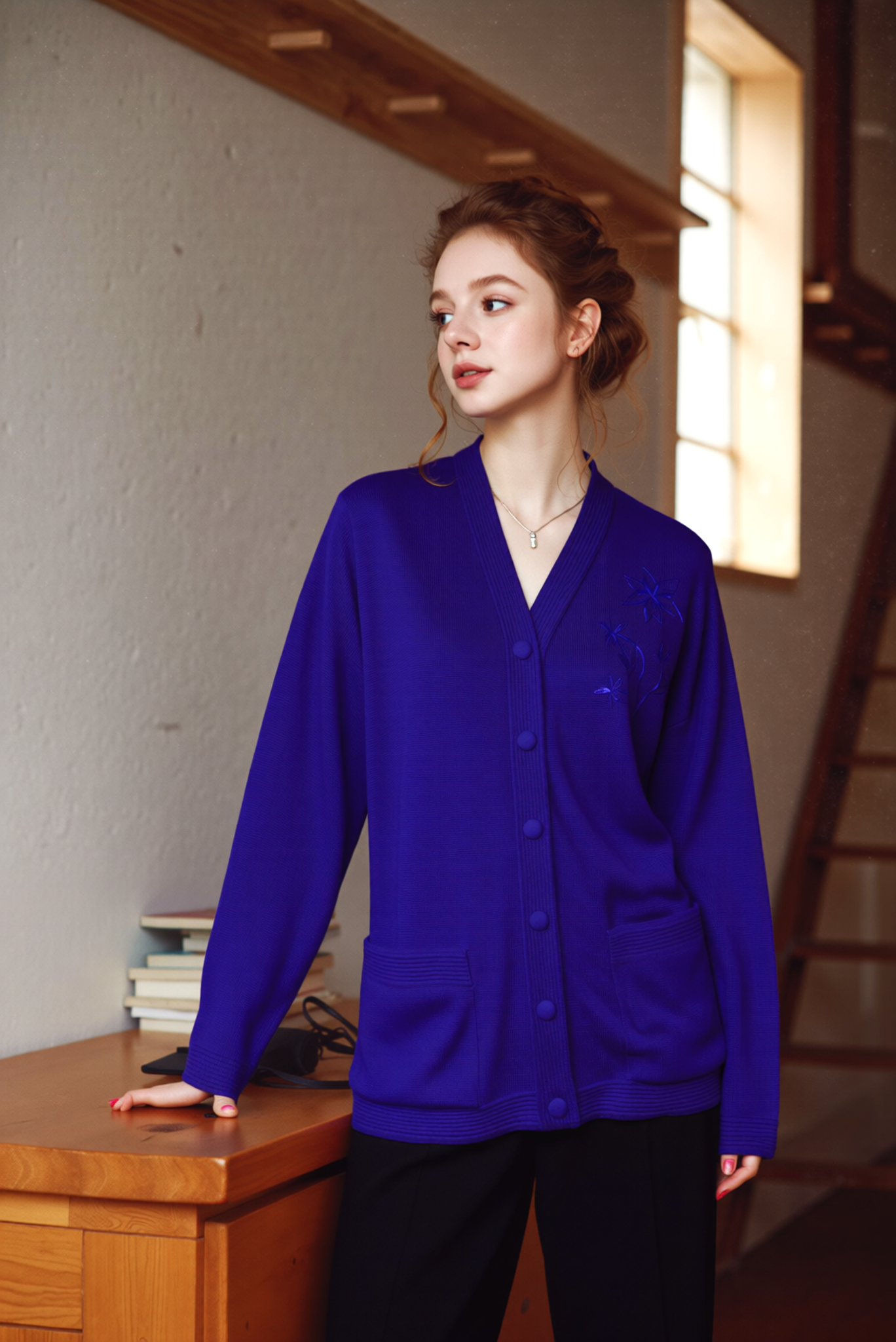 Purple V-Neck Button Pocket Cardigan