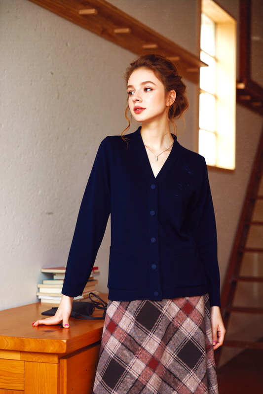 Navy V-Neck Button Pocket Cardigan