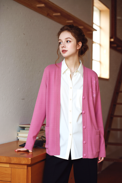 Pink V-Neck Button Pocket Cardigan