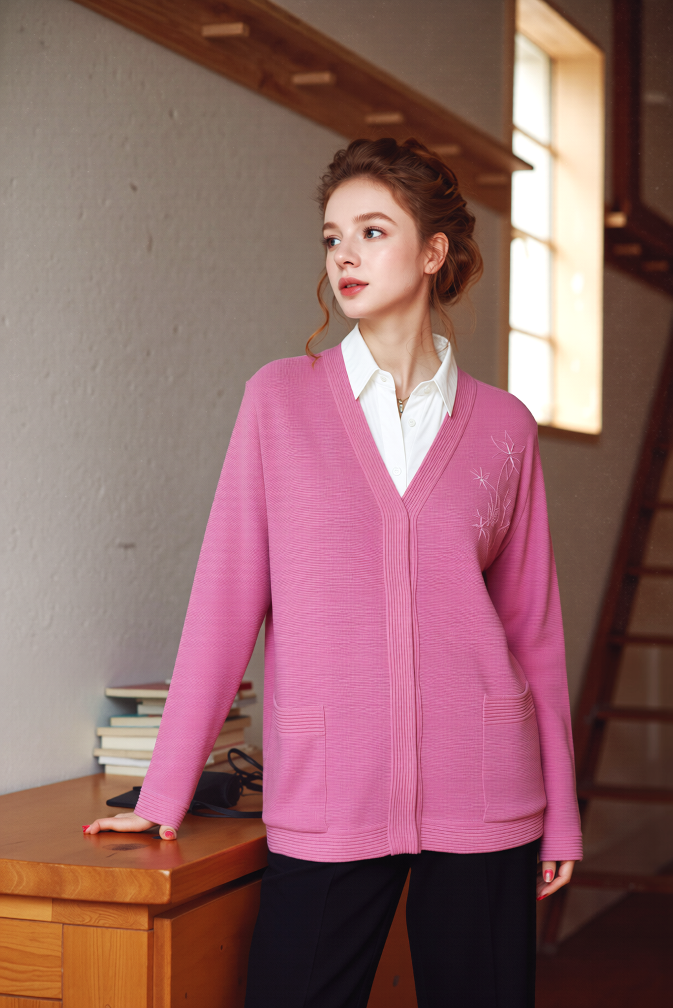 Pink V-Neck Button Pocket Cardigan