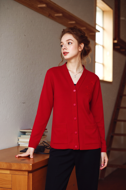 Red V-Neck Button Pocket Cardigan